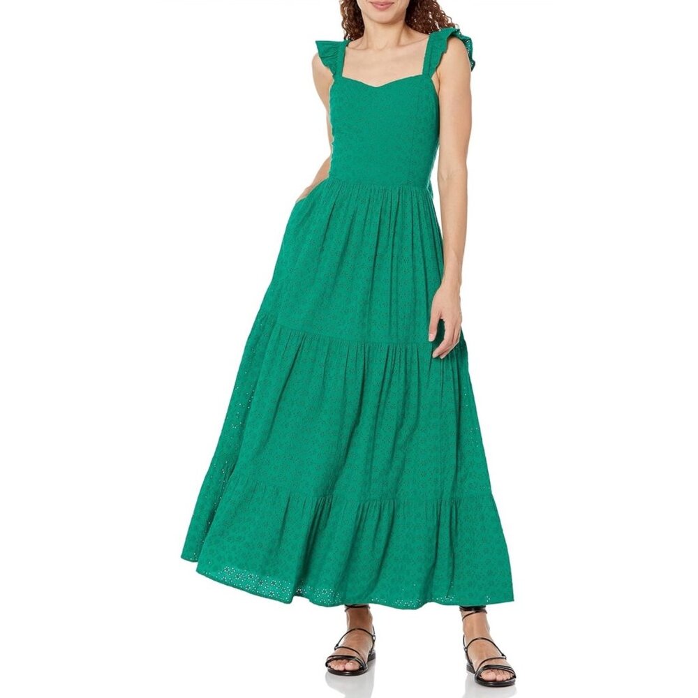 Green Eyelet Ruffle Strap Tiered Maxi Dress With Back Tie Detail